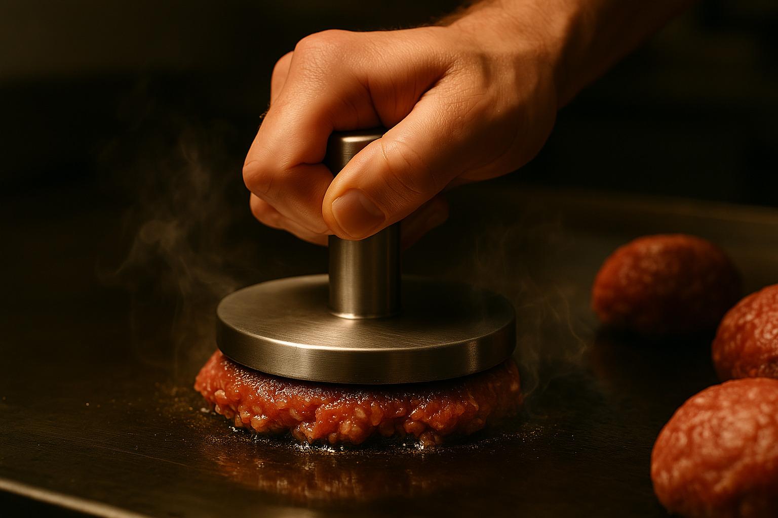 Una mano usando un smasher para aplastar una bola de carne sobre una plancha muy caliente, el paso clave de la técnica.