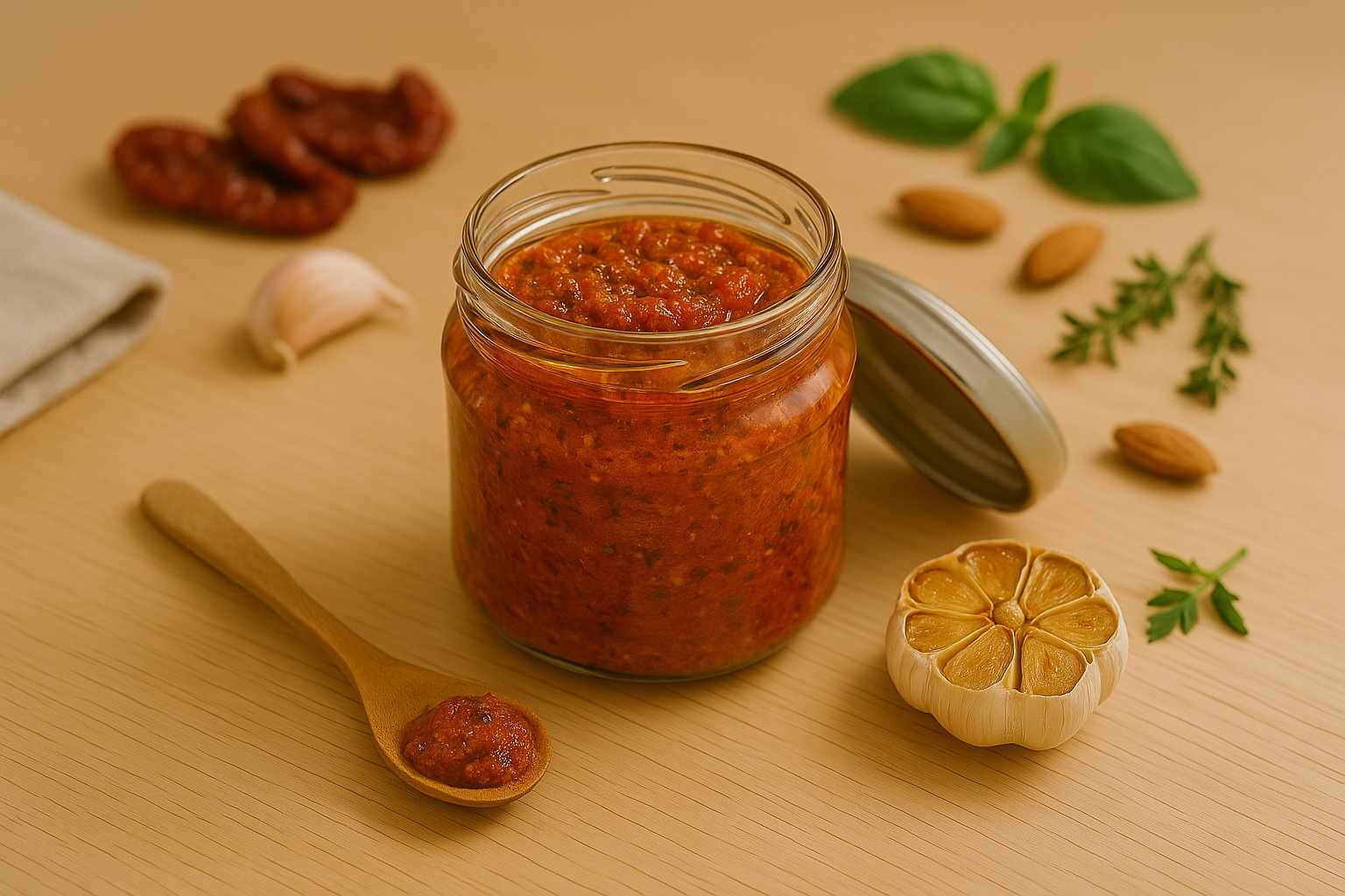 Frasco de cristal con pesto rojo de tomates secos, de un color rojo intenso y textura rústica.