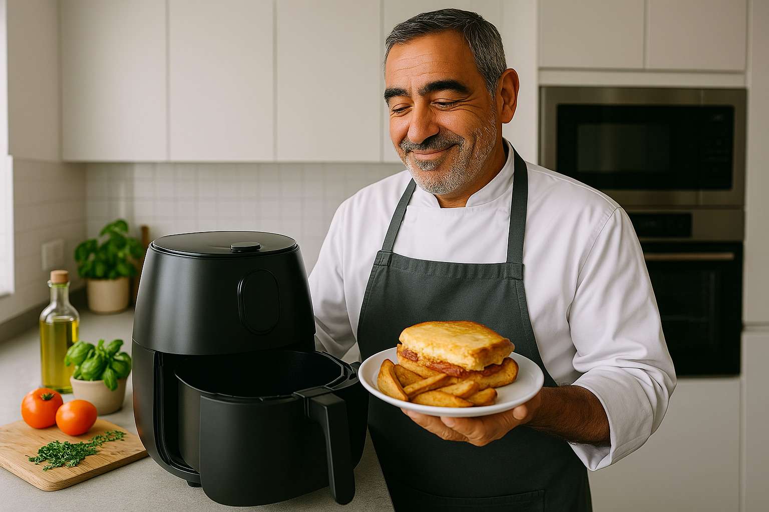 Nuestro chef sonriendo mientras mira su freidora de aire, satisfecha con el resultado.