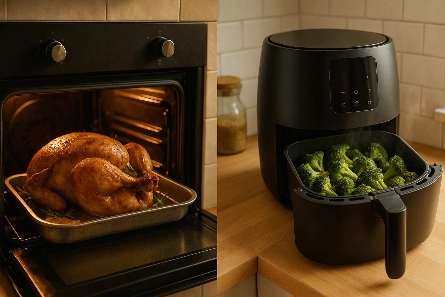 Una imagen dividida mostrando un horno con un pollo asado y una freidora de aire con brócoli crujiente.