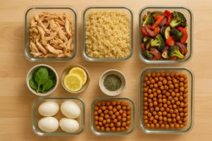 Batch cooking semanal menu para tuppers, con pollo, quinoa, verduras en freidora de aire y horno