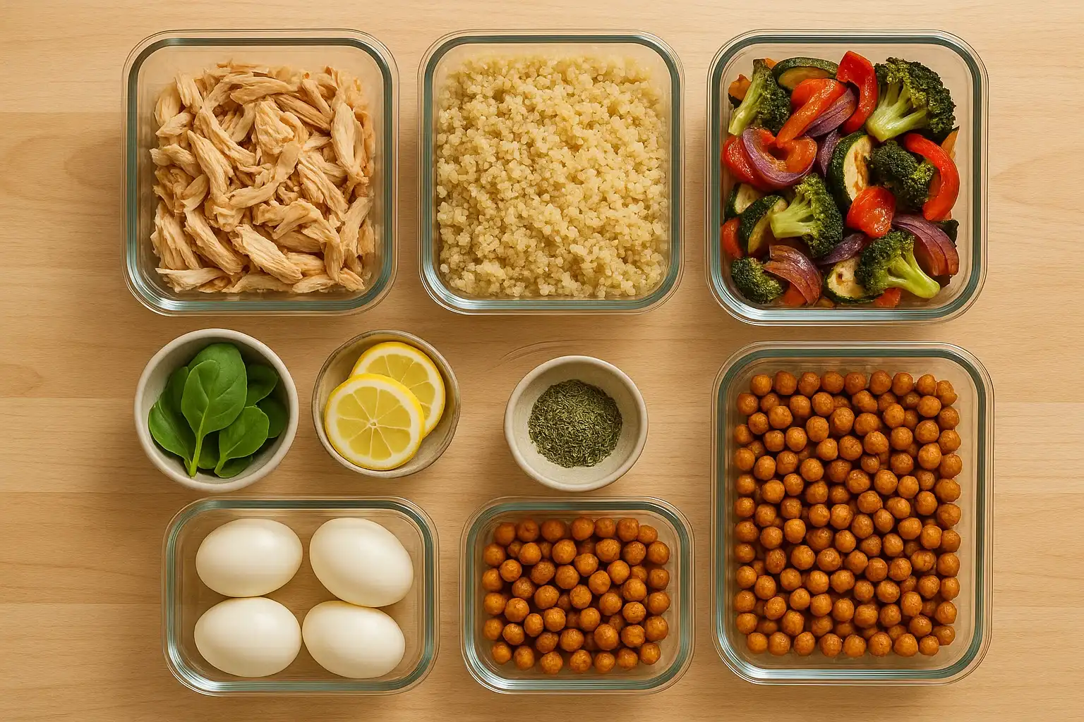 Batch cooking semanal menu para tuppers, con pollo, quinoa, verduras en freidora de aire y horno