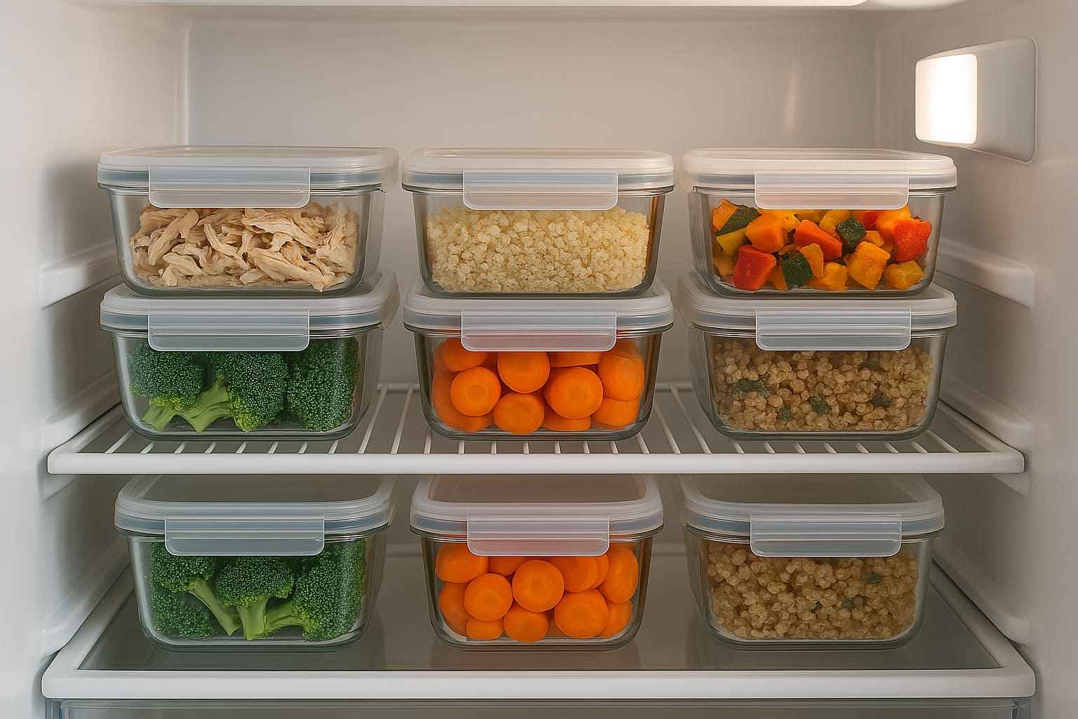 Nevera abierta y organizada con tuppers de cristal apilados del batch cooking semanal, mostrando comida lista y ordenada.