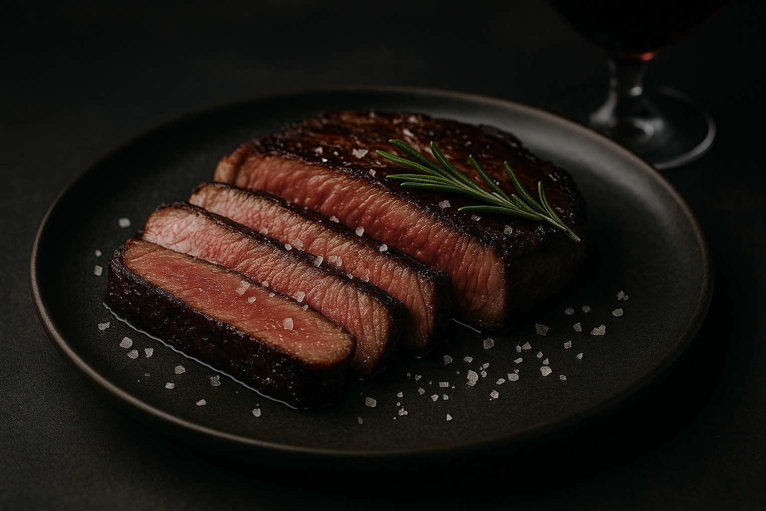 Entrecot a la plancha trinchado sobre un plato de pizarra, mostrando el punto de cocción perfecto, tierno y jugoso.