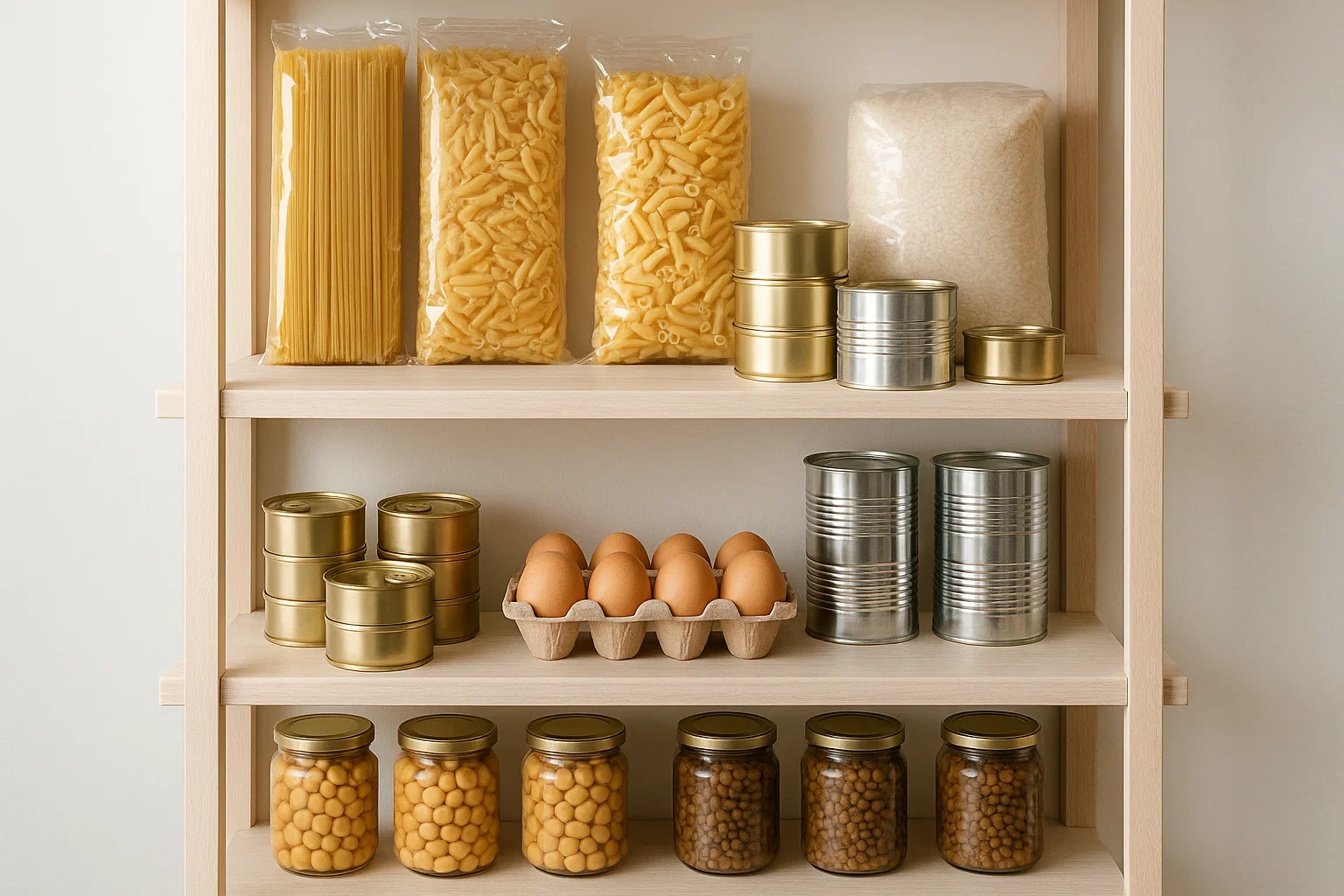 Una despensa organizada con los ingredientes básicos para la cocina de supervivencia: pasta, arroz, latas de atún, huevos y legumbres.