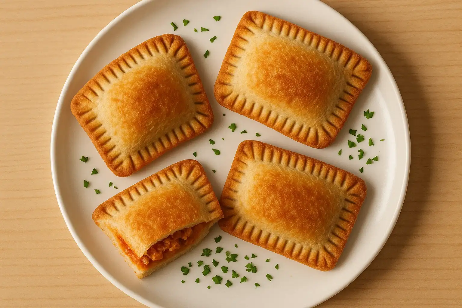 Empanadillas doradas hechas con pan de molde rellenas de atún y tomate, una cena con pocos ingredientes.