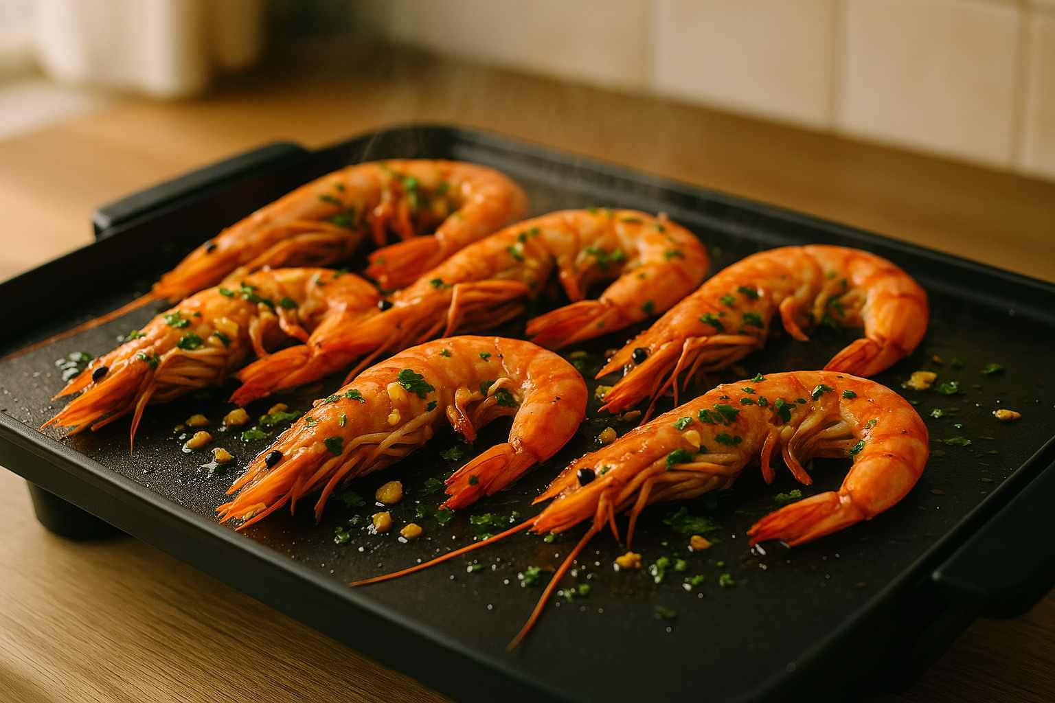 Gambones al ajillo con perejil fresco cocinándose en una plancha eléctrica caliente, un ejemplo de cena de verano rápida.