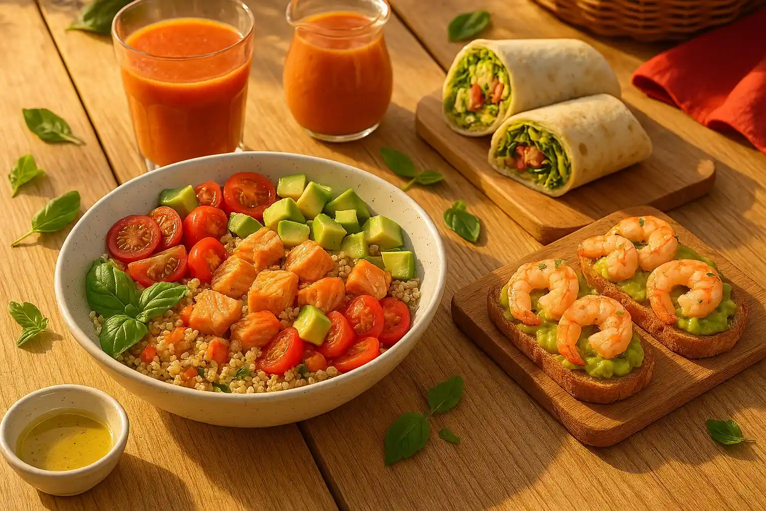 Mesa con cenas de verano rápidas: ensalada con salmón, wraps, tostas y gazpacho.