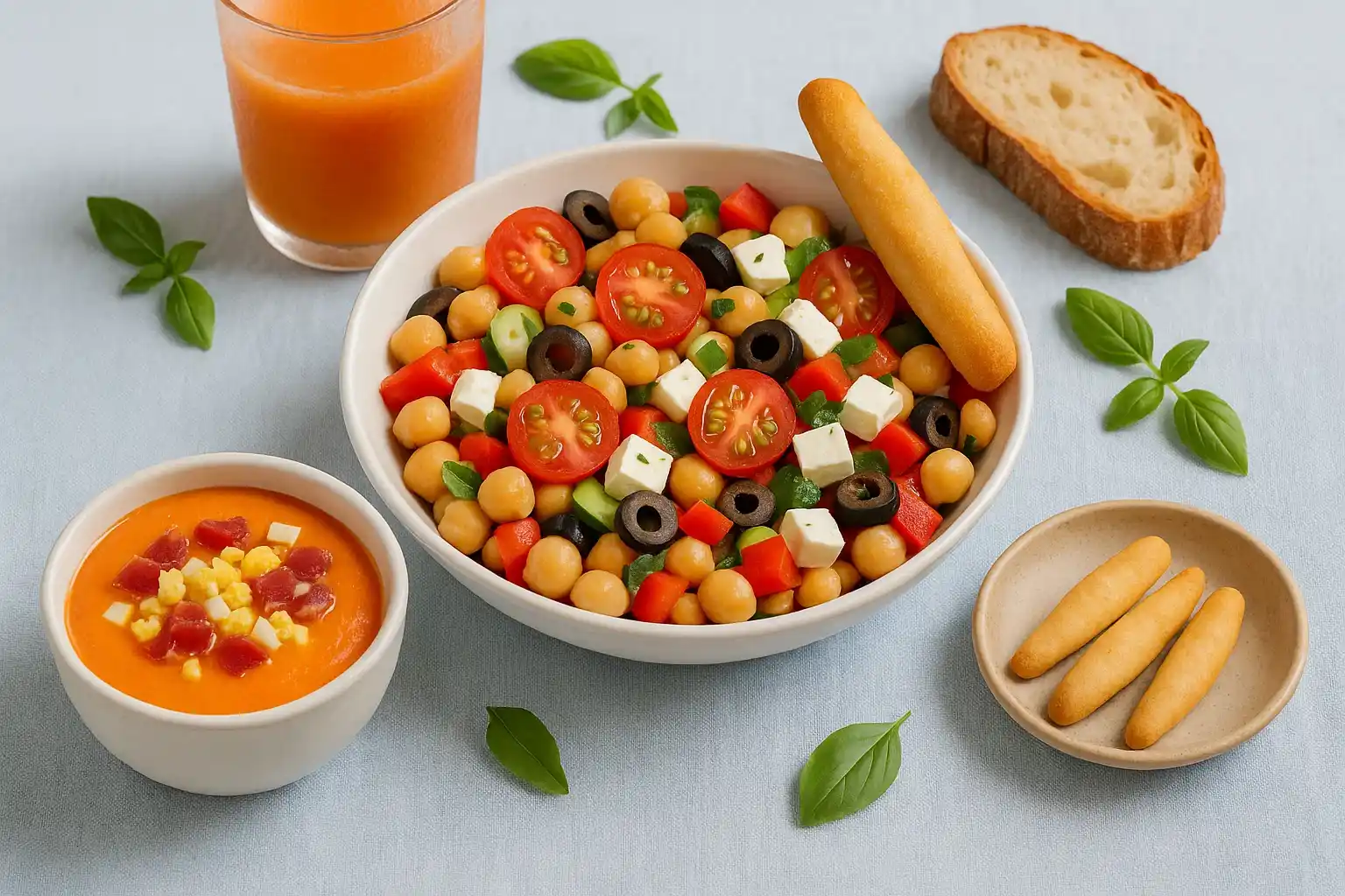 Bodegón con varias cenas frías de verano, incluyendo una ensalada de garbanzos, salmorejo con toppings y rollitos de jamón.