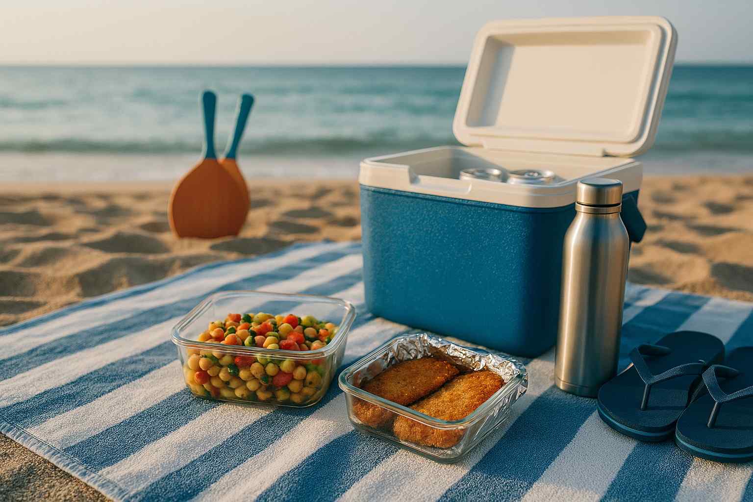 Comida para llevar a la playa organizada en una nevera portátil, con un tupper de ensalada y filetes empanados sobre una toalla frente al mar.