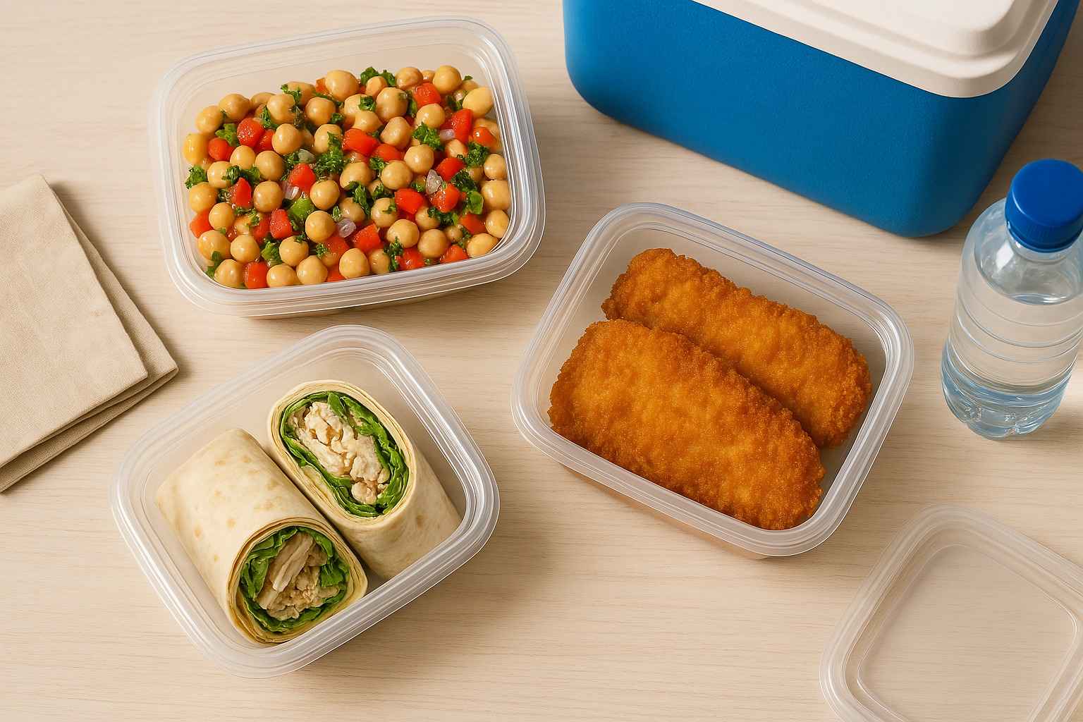 Composición de varios tuppers con comida para llevar a la playa: ensalada de garbanzos, wraps de pollo y filetes empanados.