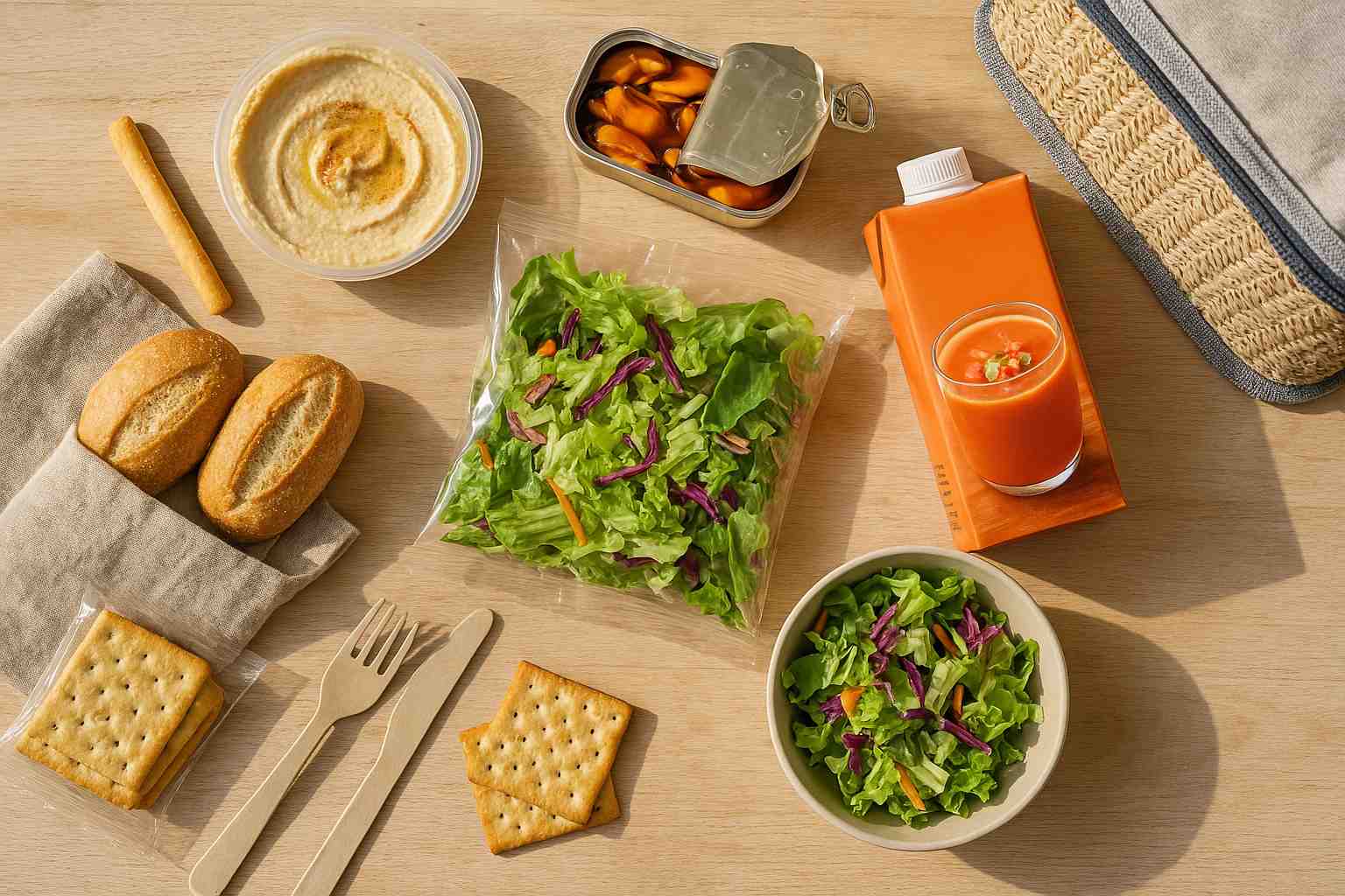 Una selección de productos de supermercado ideales para un día de playa: un bote de hummus, gazpacho, una lata de mejillones y una bolsa de ensalada.