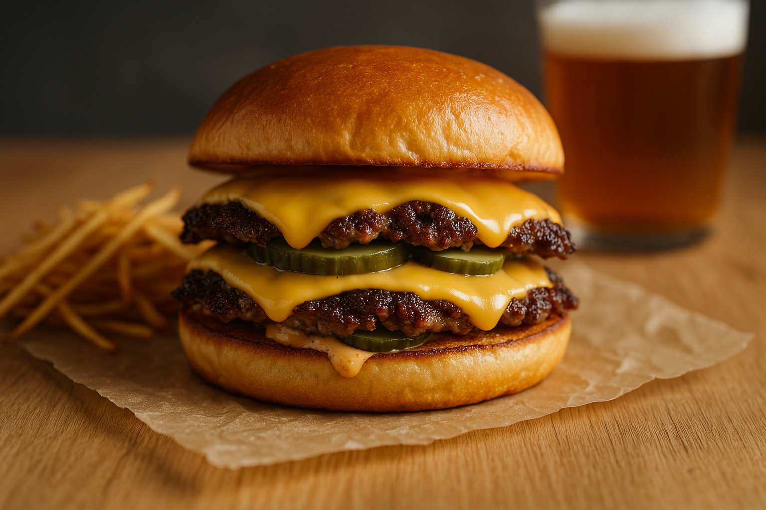 Smash burger doble casera con queso fundido y costra crujiente, servida en un plato con patatas.