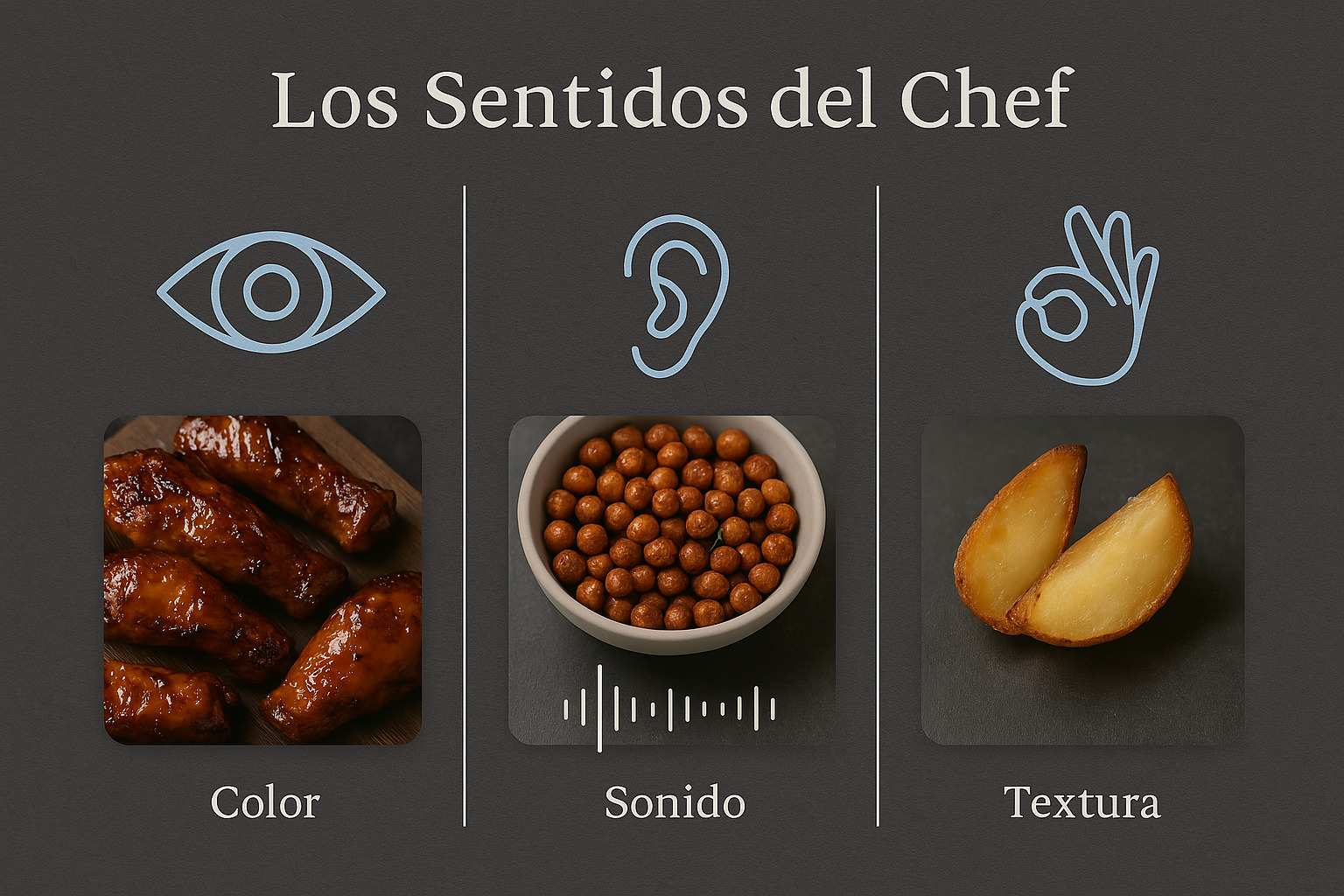 Una composición visual que muestra un oído escuchando, un ojo mirando y comida perfectamente dorada.