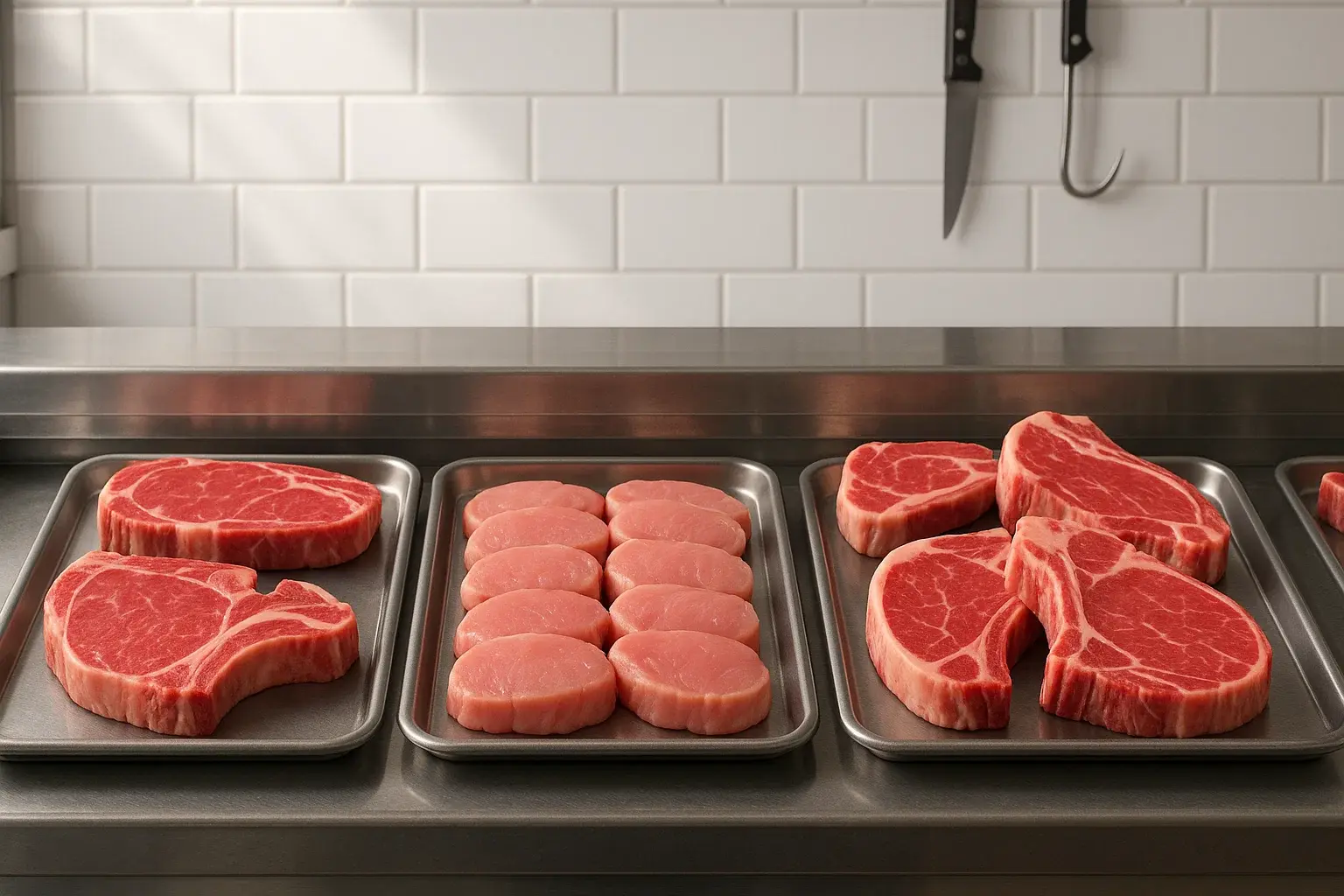 Mostrador de carnicería con diferentes cortes de carne para plancha como entrecot, solomillo y chuletón.