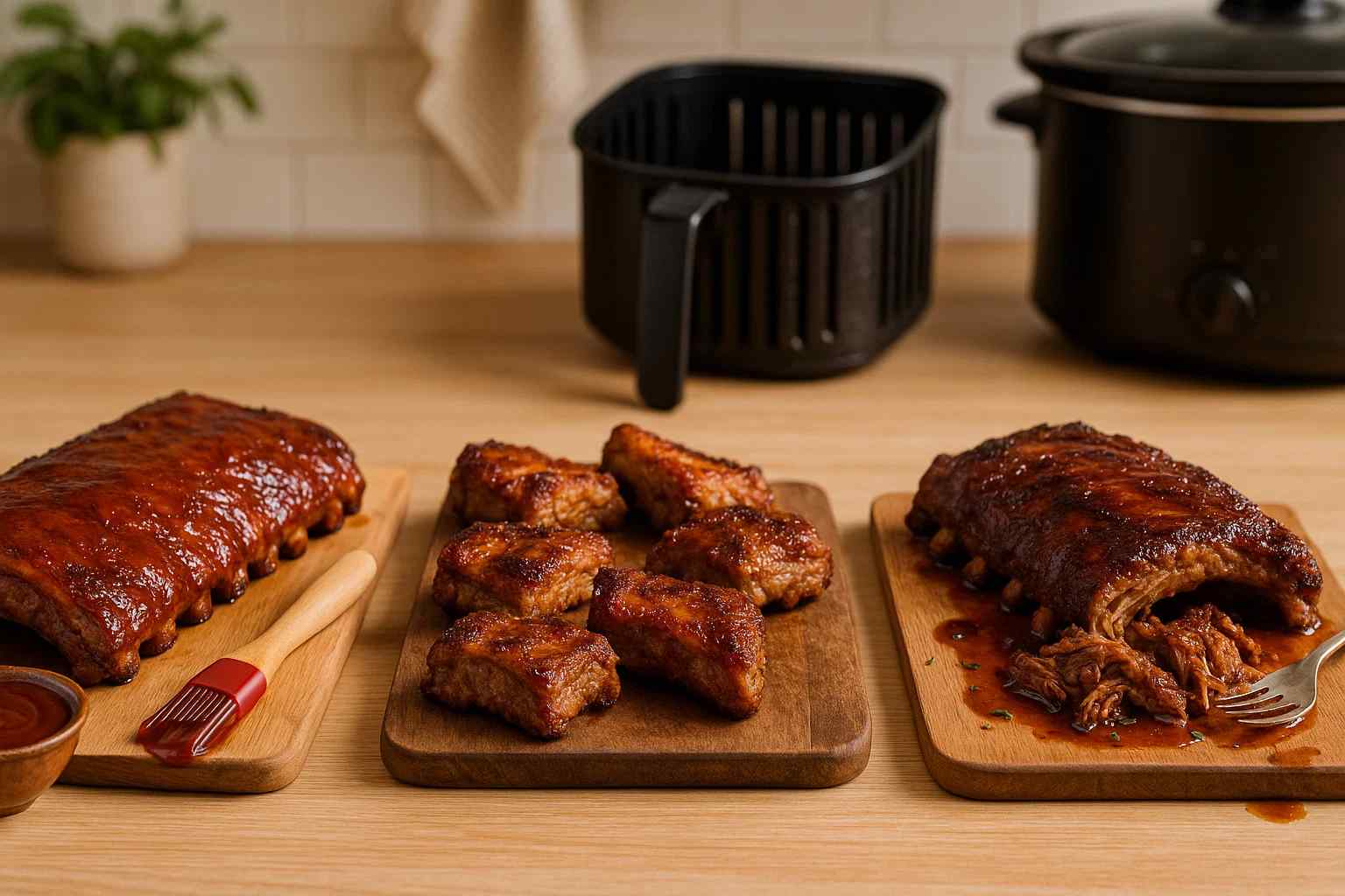 Tres formas de preparar costillas de cerdo: al horno caramelizadas, crujientes en freidora de aire y tiernas en olla lenta, servidas en una cocina casera con luz natural.