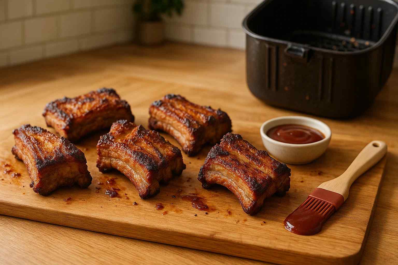 Porciones de costillas de cerdo con bordes muy crujientes y tostados, cocinadas en la cesta de una freidora de aire.