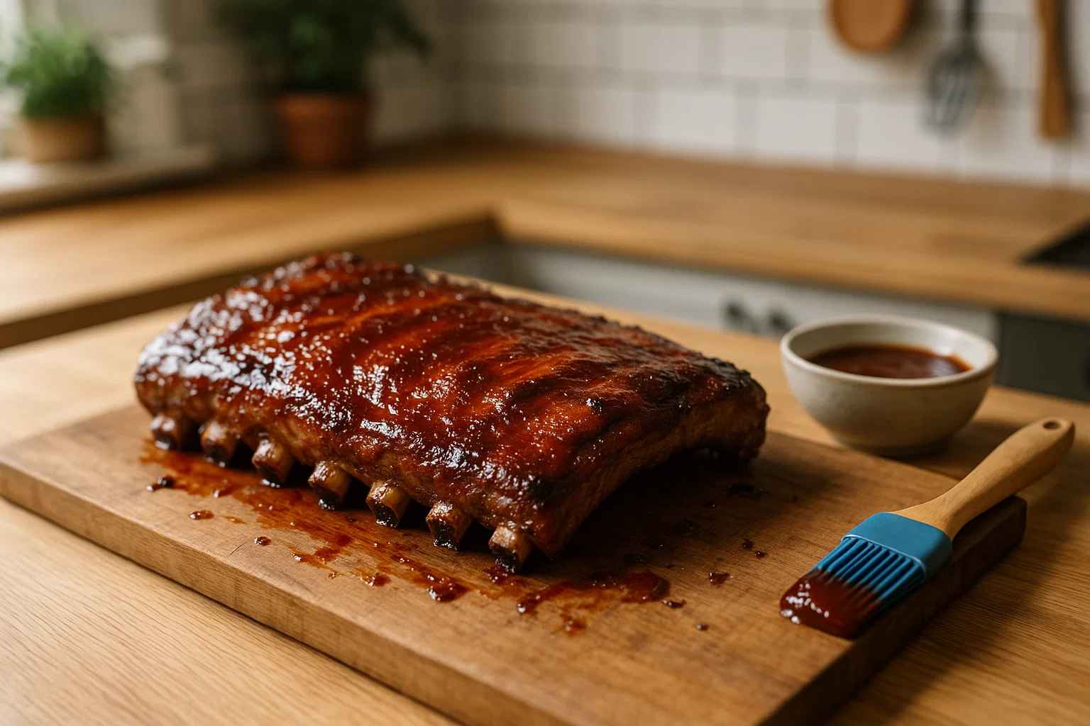Un costillar de cerdo perfectamente dorado y caramelizado con salsa barbacoa, recién salido del horno.