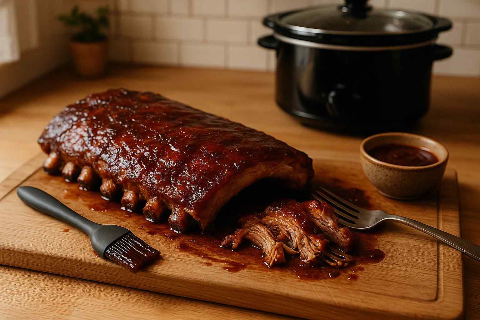 Un costillar de cerdo tan tierno que la carne se desprende del hueso con un tenedor, cocinado en olla lenta.