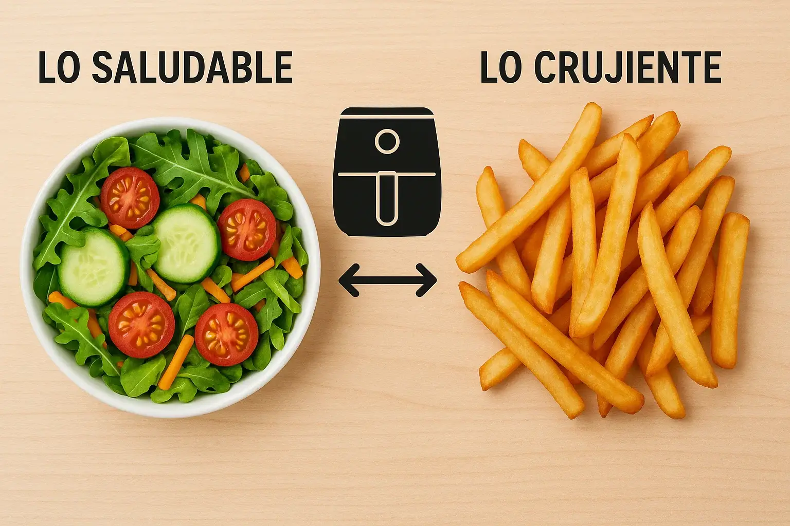 Gráfico conceptual comparando una ensalada fresca con unas patatas fritas muy tostadas, representando el debate sobre si la freidora de aire es sana.
