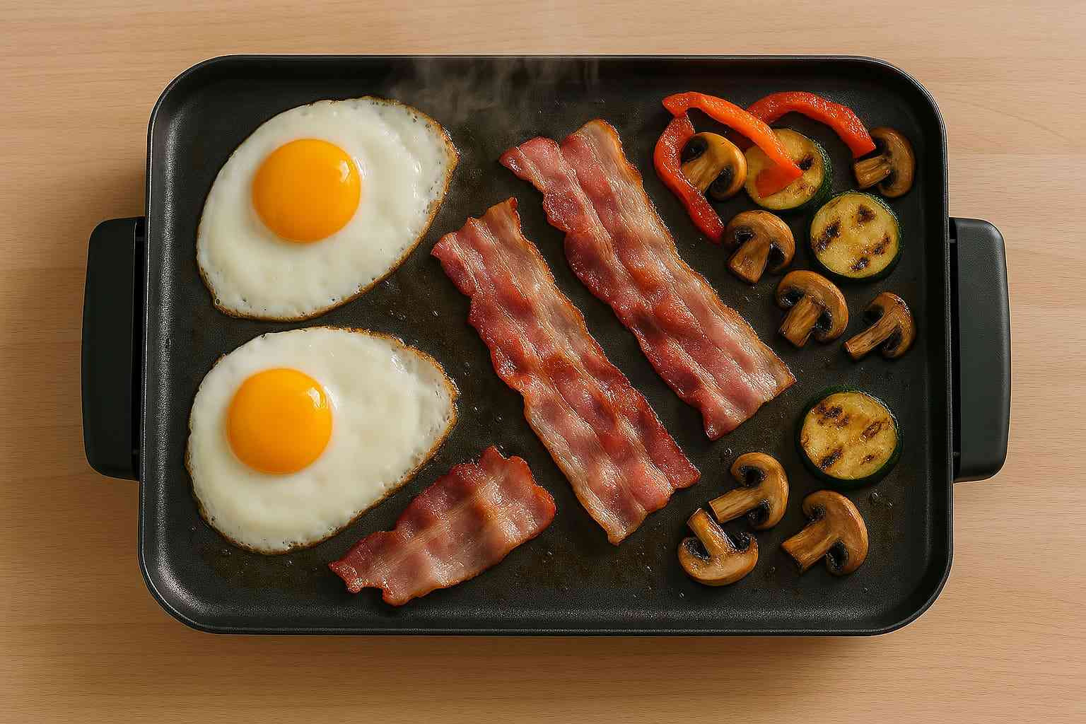 Desayuno saludable y rápido con huevos fritos, bacon y verdura asada cocinados en plancha eléctrica