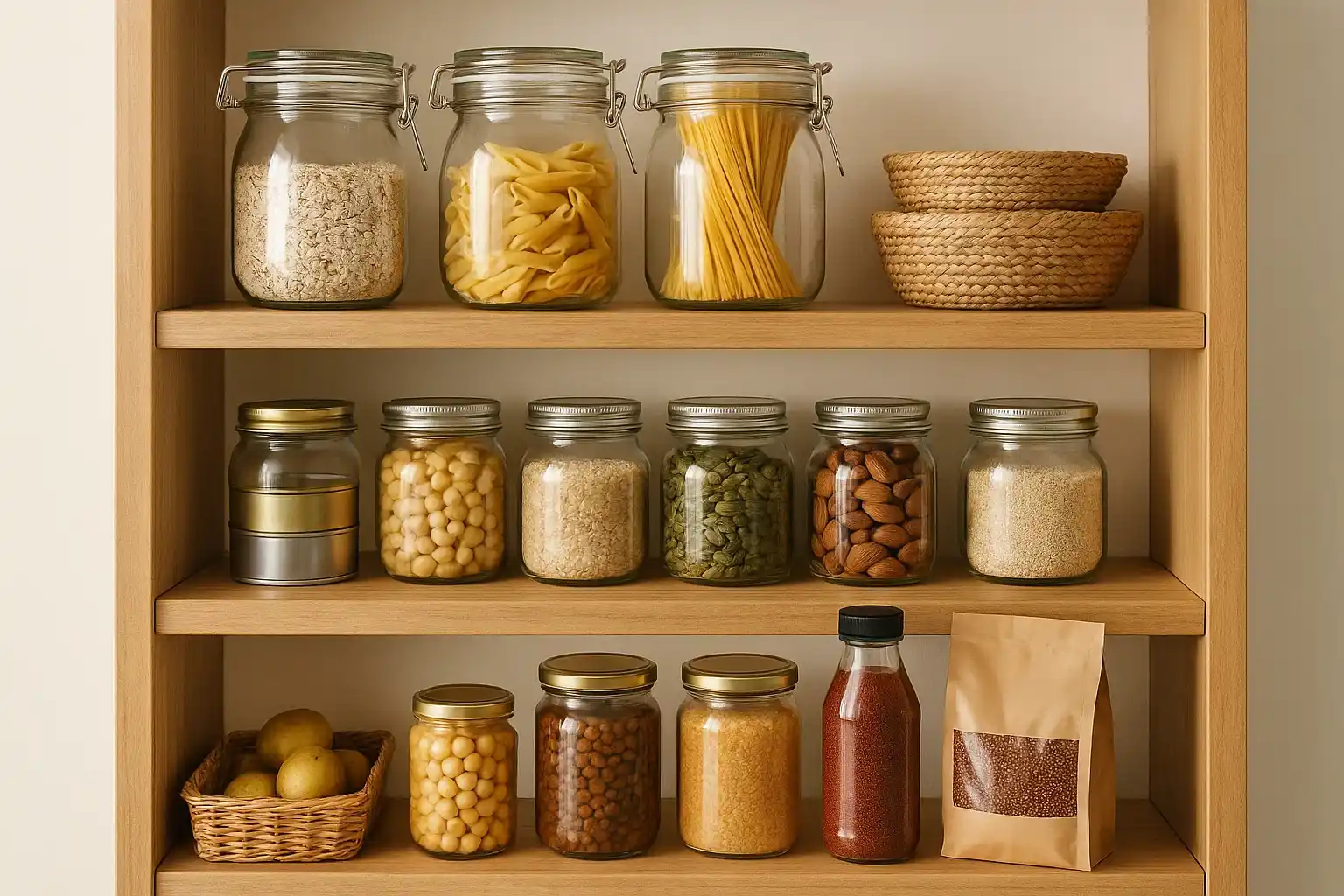 Una despensa organizada con ingredientes clave para cenas de verano: conservas de pescado, legumbres, quinoa y botes de gazpacho.