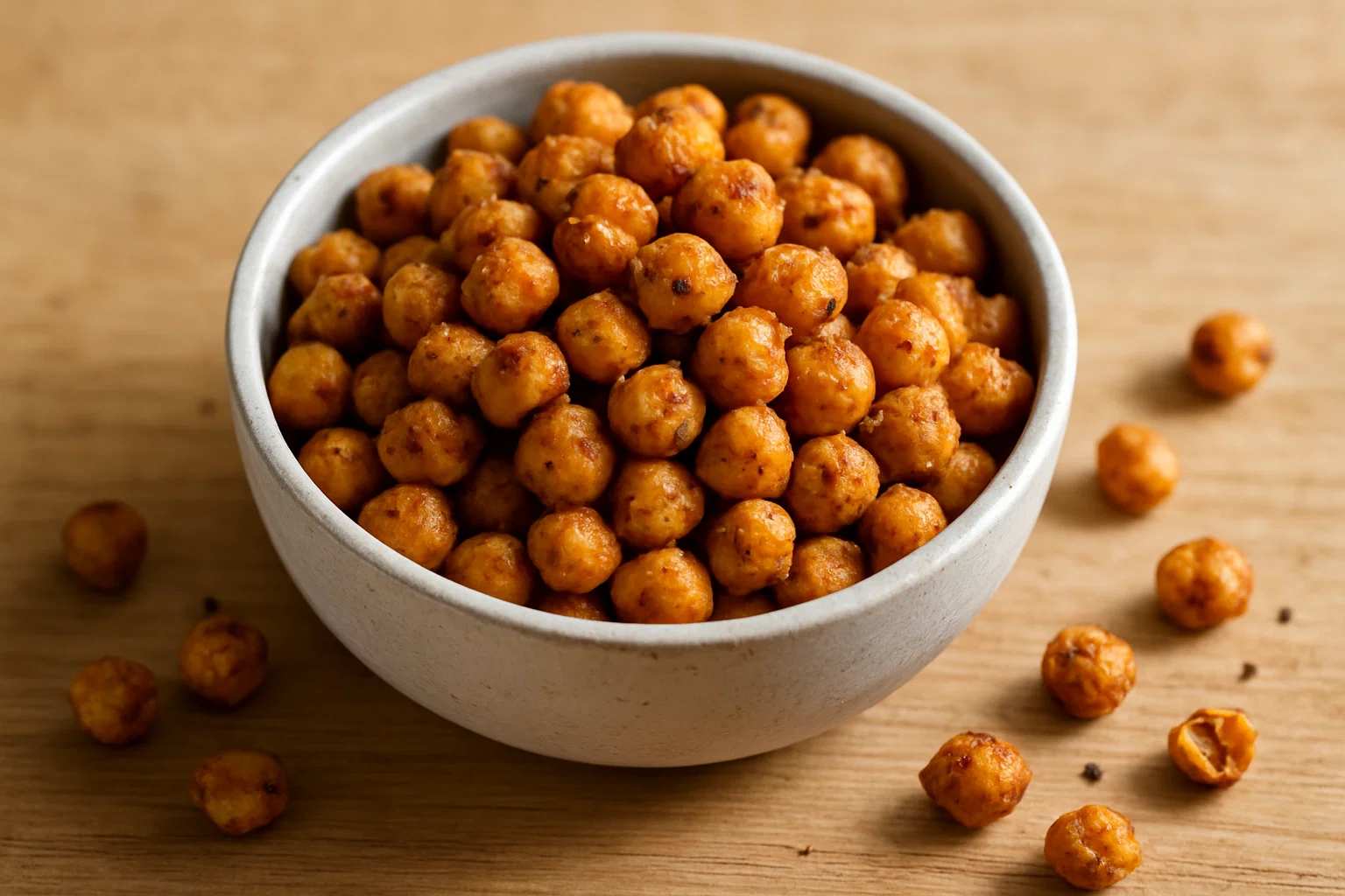 Un bol lleno de garbanzos dorados y crujientes, sazonados con pimentón, listos para comer como snack.