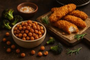 Collage de aperitivos crujientes hechos en freidora de aire, mostrando garbanzos especiados, tiras de pollo doradas y brócoli tostado.