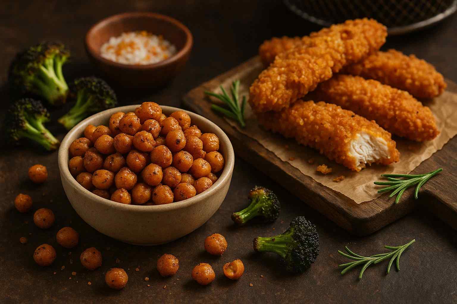 Collage de aperitivos crujientes hechos en freidora de aire, mostrando garbanzos especiados, tiras de pollo doradas y brócoli tostado.