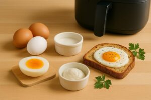 Plato con diferentes tipos de huevo hechos en freidora de aire: un huevo frito sobre una tostada, un huevo cocido partido por la mitad y un huevo poché.