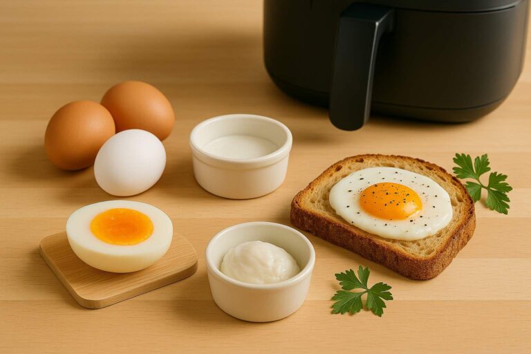 Plato con diferentes tipos de huevo hechos en freidora de aire: un huevo frito sobre una tostada, un huevo cocido partido por la mitad y un huevo poché.
