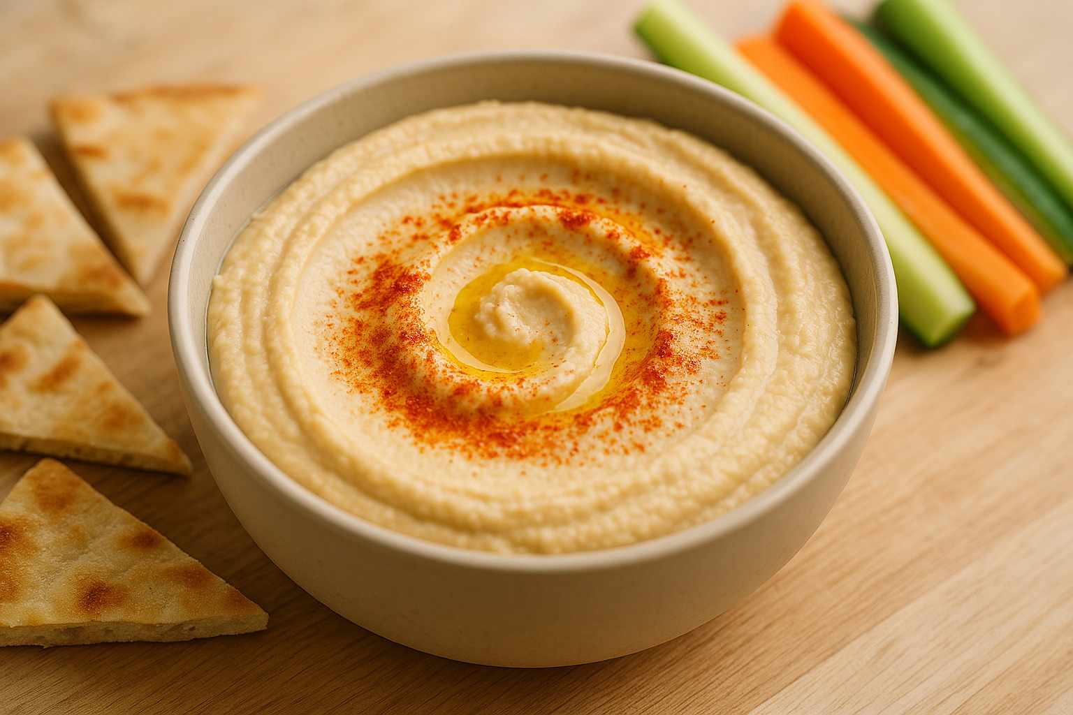 Bol de hummus casero con una textura muy suave y cremosa, decorado con un chorro de aceite de oliva y pimentón.