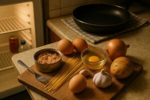 Ingredientes básicos para cenas fáciles y rápidas, como una lata de atún, huevos y pasta, sobre una encimera listos para cocinar.