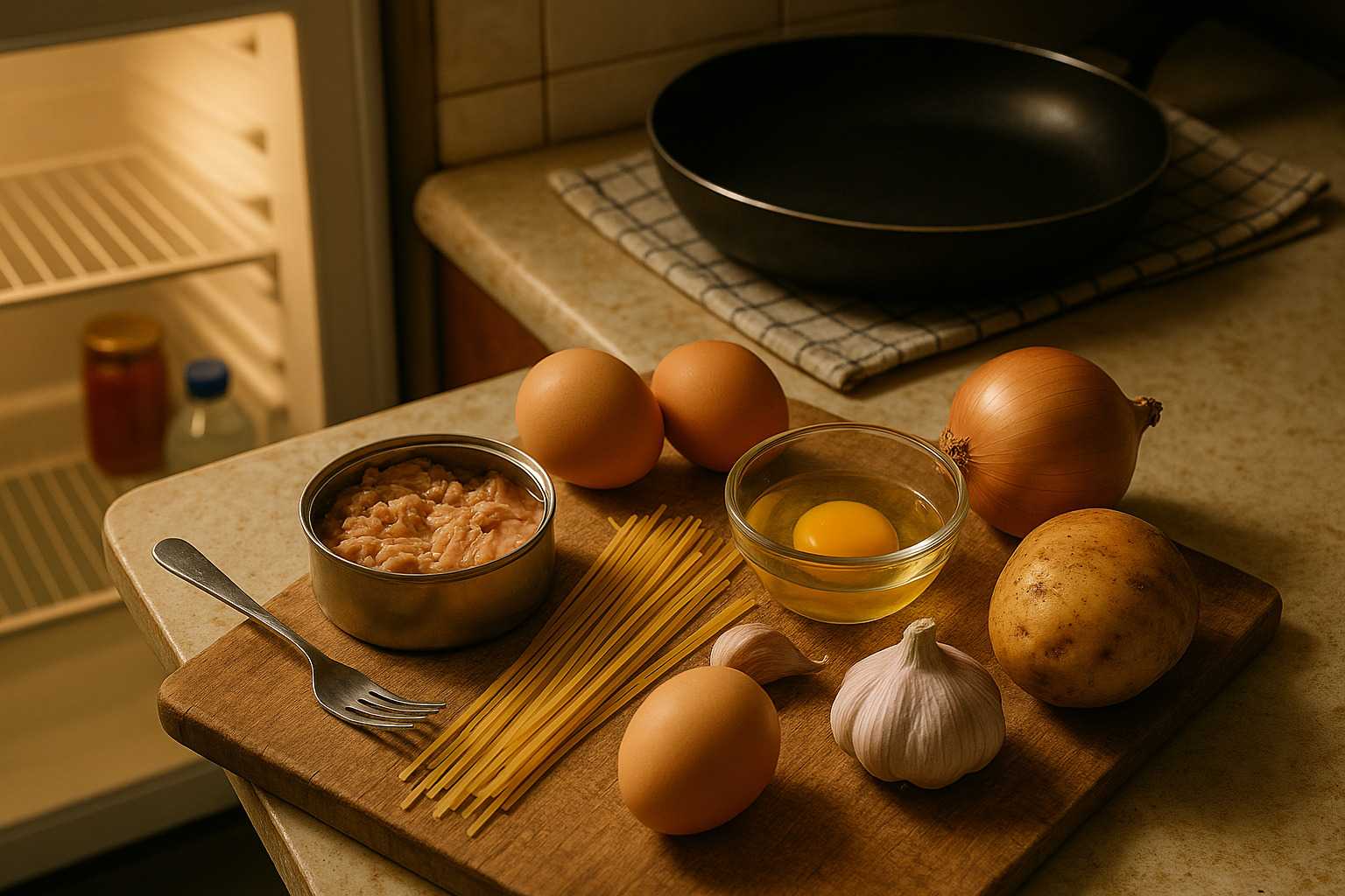 Ingredientes básicos para cenas fáciles y rápidas, como una lata de atún, huevos y pasta, sobre una encimera listos para cocinar.