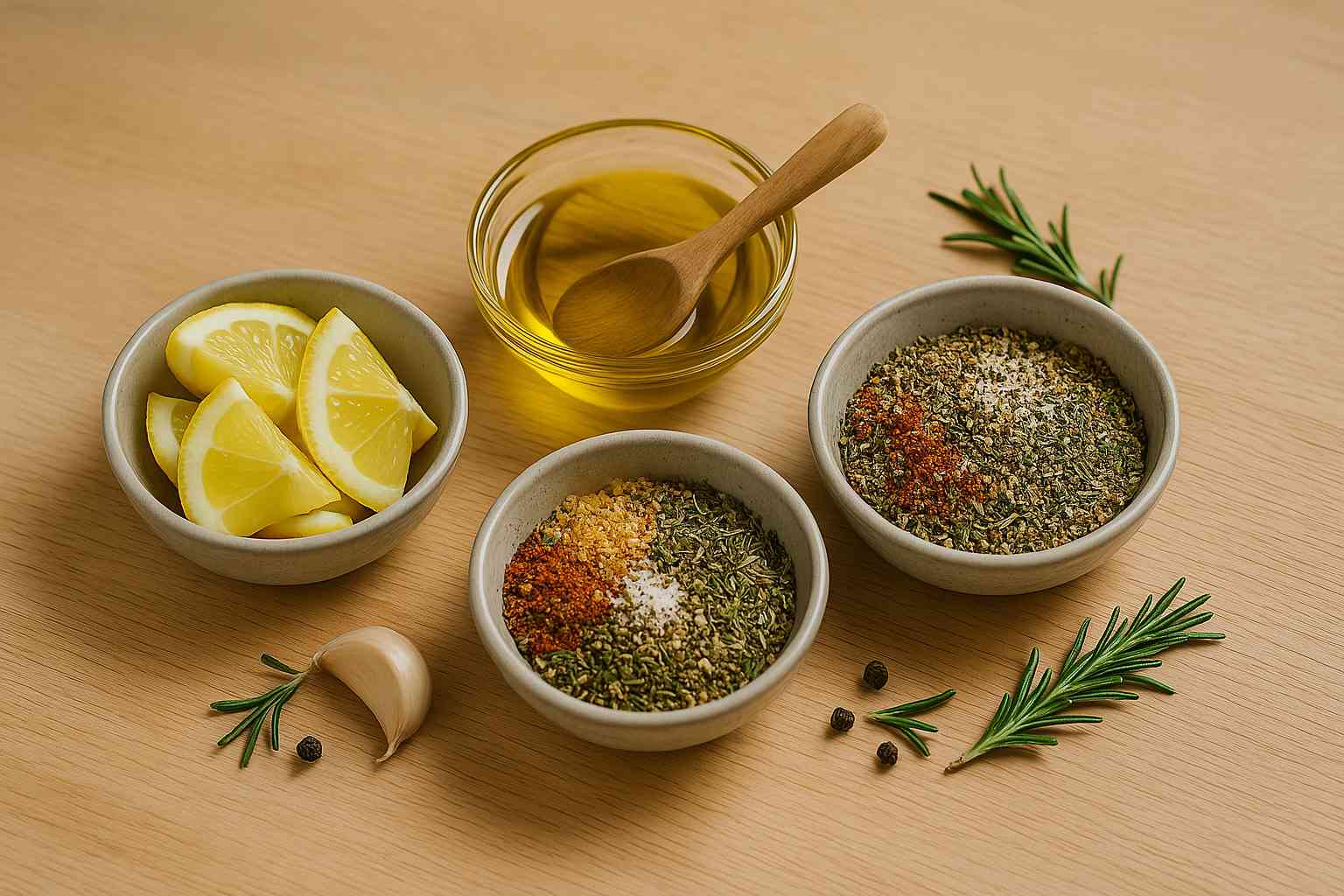 Cuencos con ingredientes básicos para una marinada: cítricos (limón), aceite de oliva y un mix de especias y hierbas.