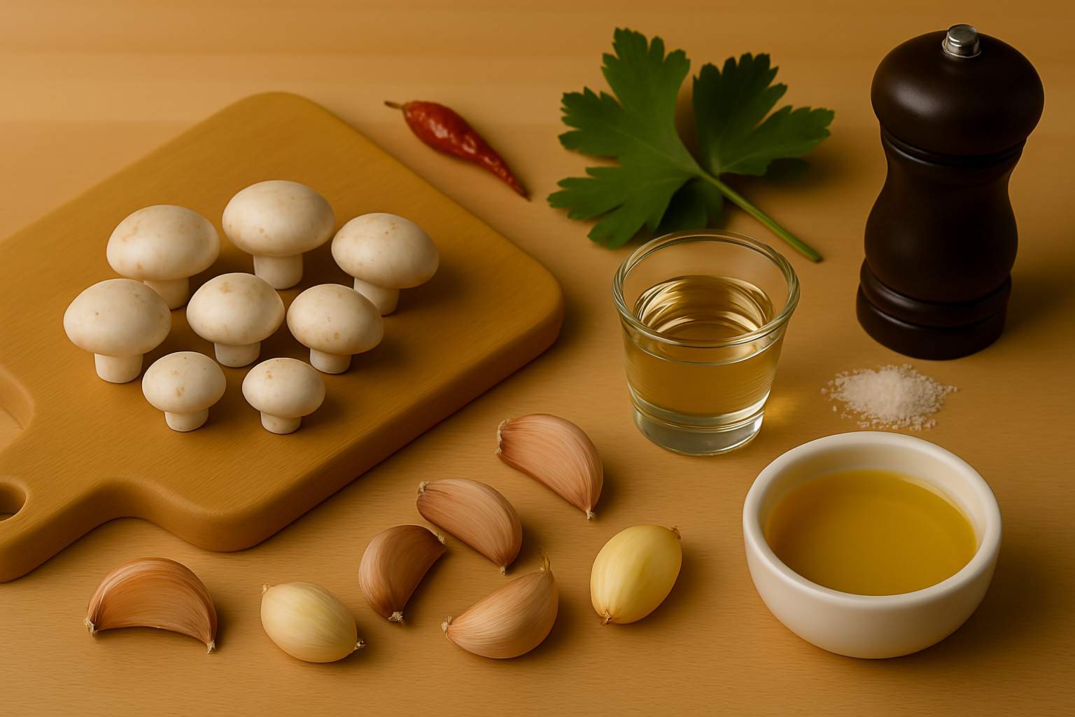 Ingredientes para unos champiñones al ajillo perfectos.