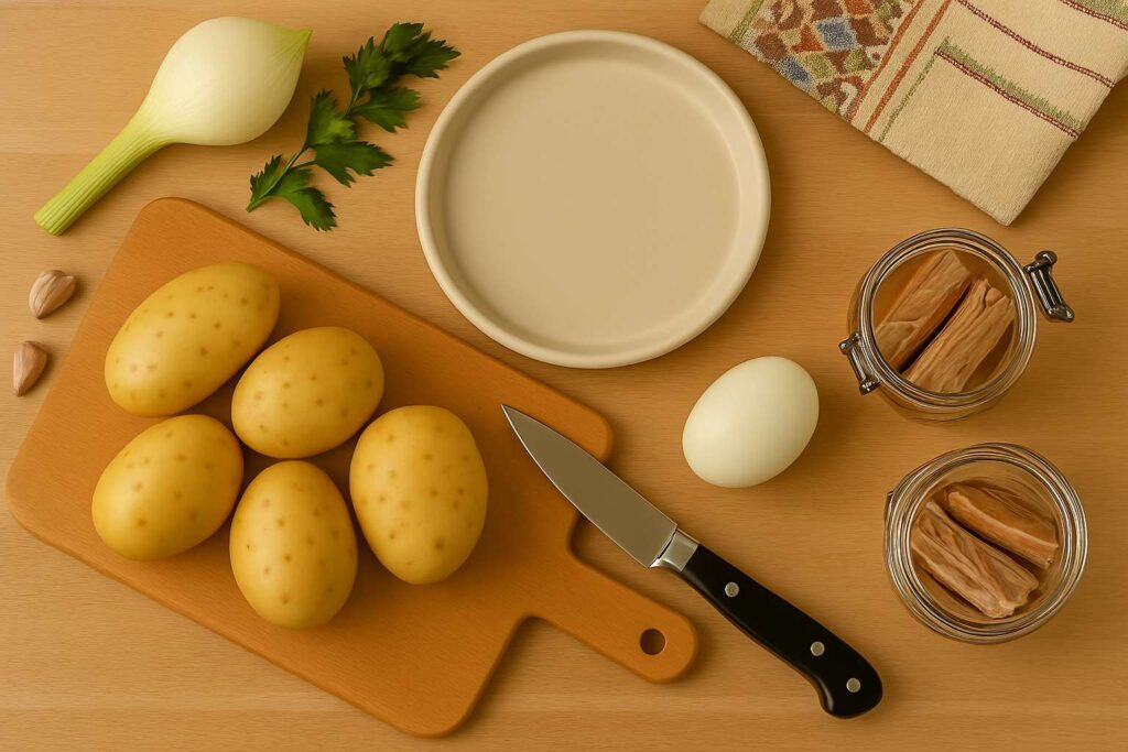 Patatas cocidas, aliño casero, huevo duro y melva dispuestos sobre una mesa de cocina, listos para preparar las papas aliñás de Cádiz.