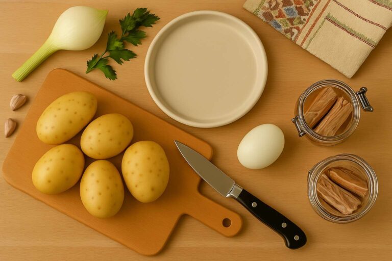 Patatas cocidas, aliño casero, huevo duro y melva dispuestos sobre una mesa de cocina, listos para preparar las papas aliñás de Cádiz.
