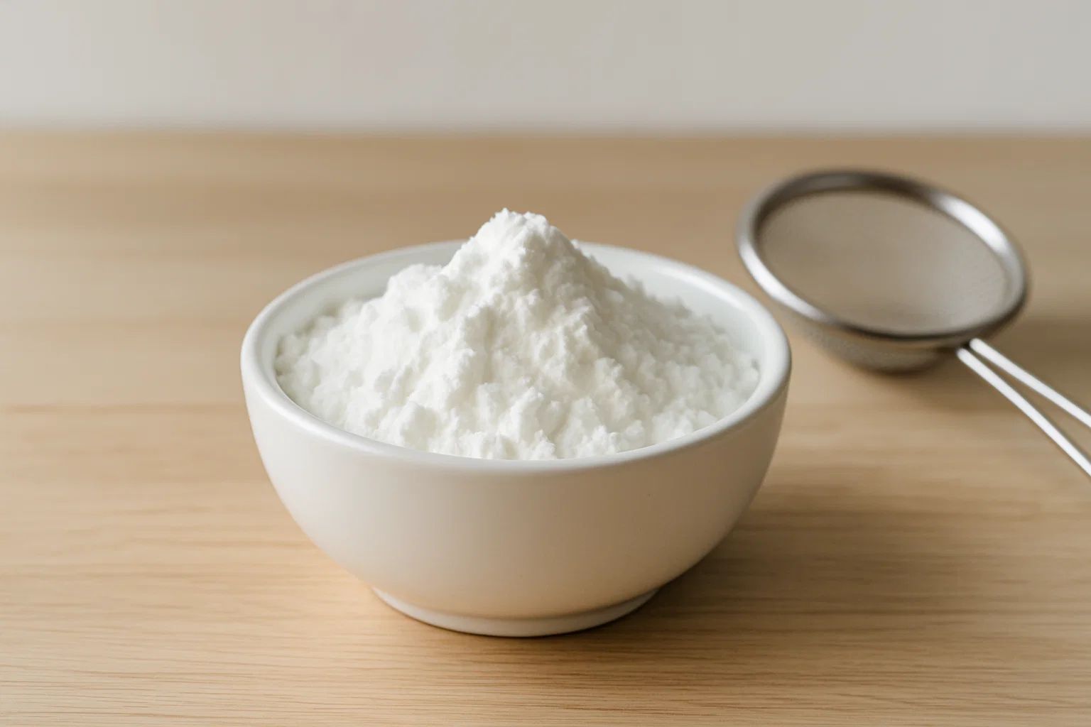 Polvo blanco y fino de maicena en un cuenco, ideal para rebozados ligeros y sin gluten.