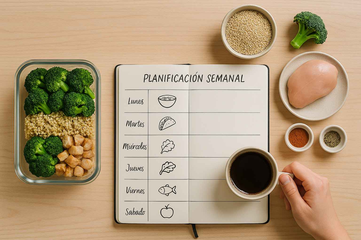 Planificador de menú semanal para una persona con un tupper de comida saludable al lado, mostrando cómo organizar las comidas con una freidora de aire.