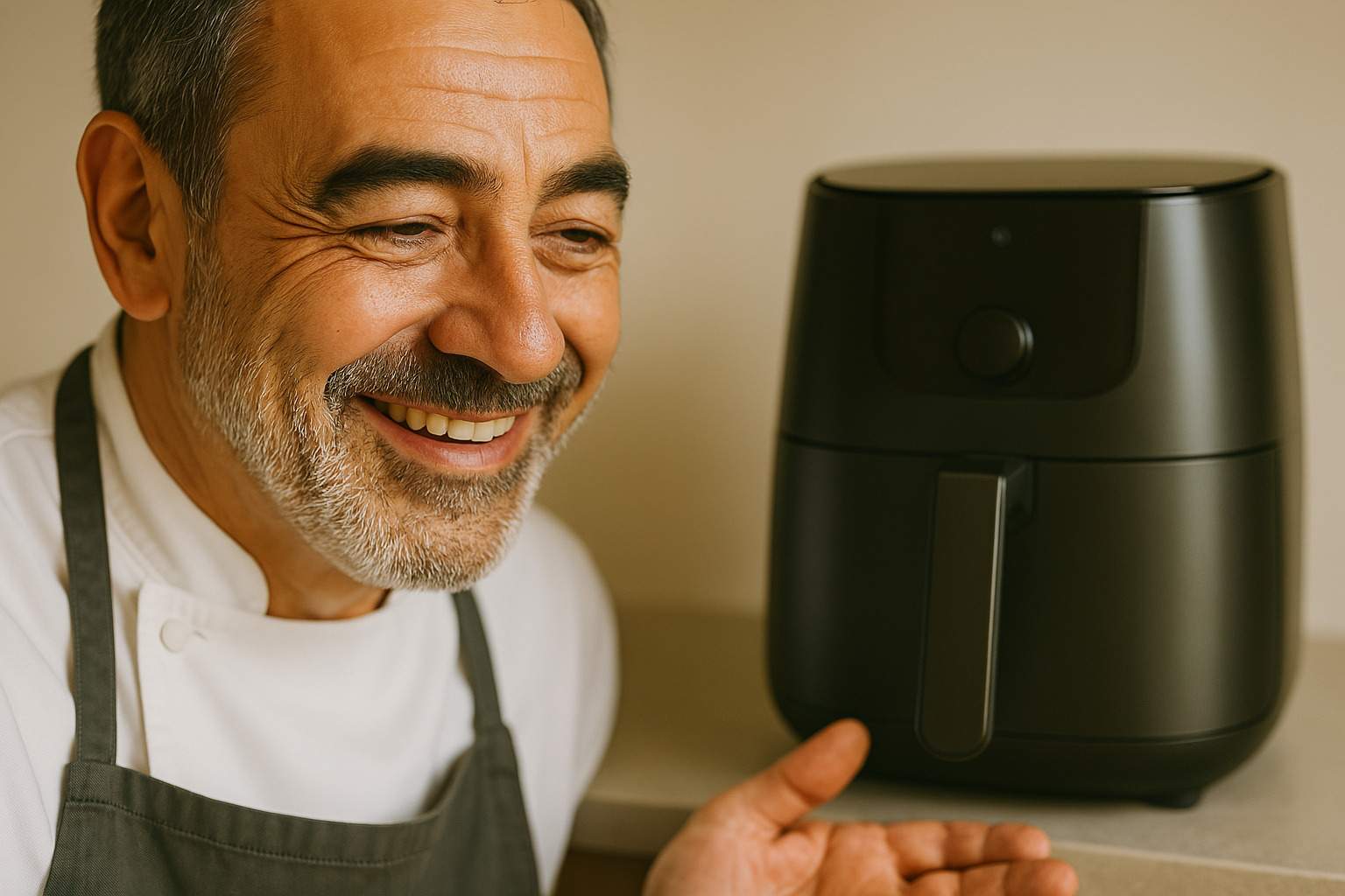 Una persona sonriendo mientras mira su freidora de aire, satisfecha con la decisión de compra.