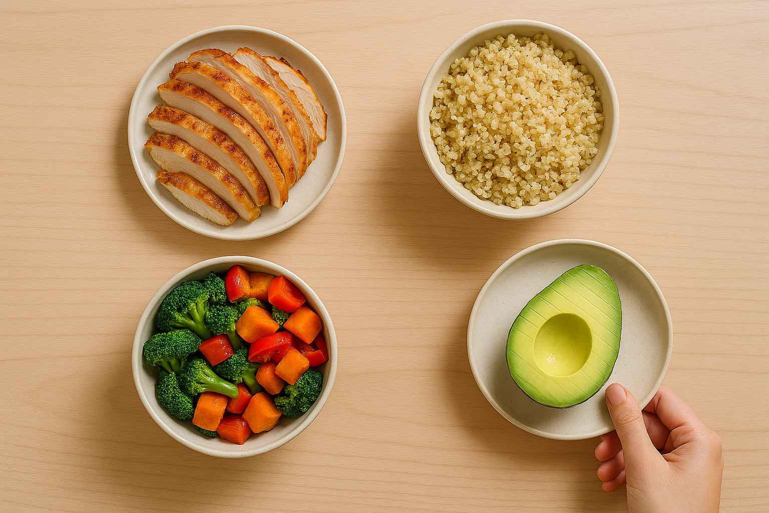 Concepto de bloques de construcción para un menú semanal: un bloque de proteína (pollo), carbohidratos (quinoa), verduras y toppings.