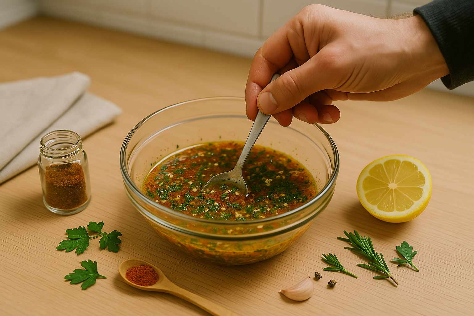 Mano de un chef mezclando una marinada en un bol con hierbas, especias y aceite, mostrando la técnica de preparación.