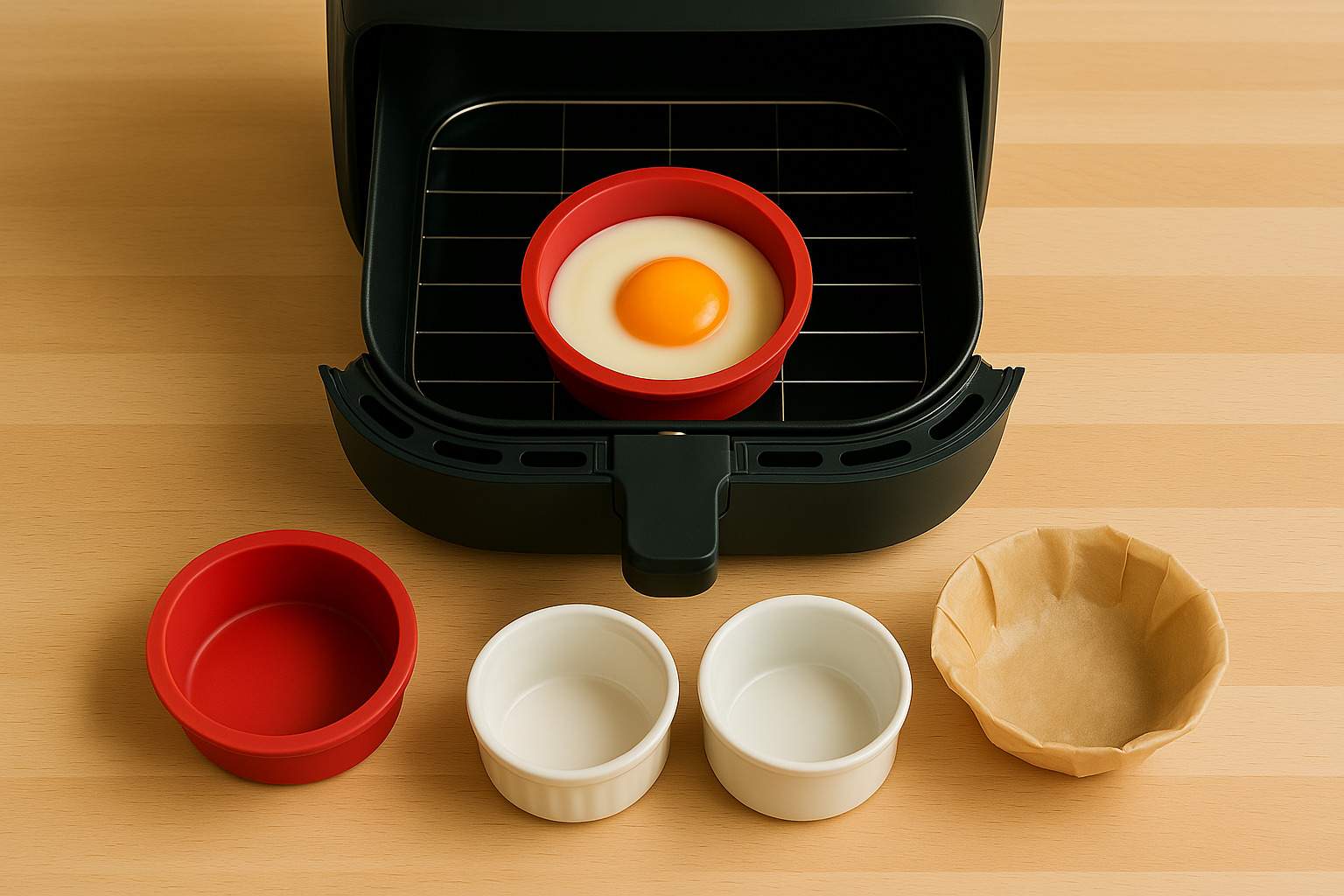 Varios moldes y accesorios para cocinar huevos en freidora de aire, como ramequines de cerámica y moldes de silicona.