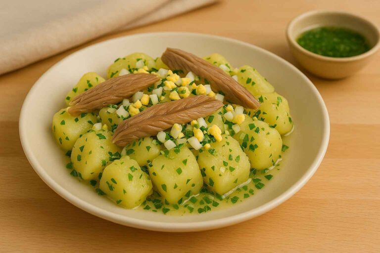 Plato terminado de papas aliñás tradicionales de Cádiz con huevo duro picado, perejil fresco y lomos de melva.