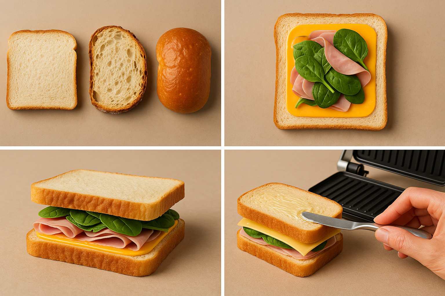 Pasos para montar un sándwich perfecto, mostrando la capa de queso sobre el pan para sellar el relleno.
