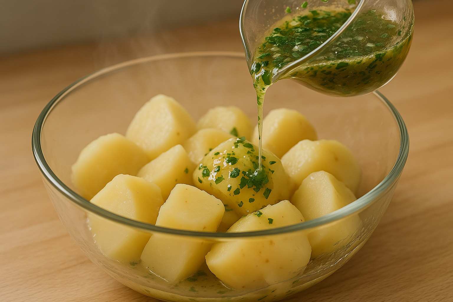 Momento clave de la receta: añadiendo el aliño de aceite, vinagre y perejil sobre las patatas recién cocidas y aún calientes.
