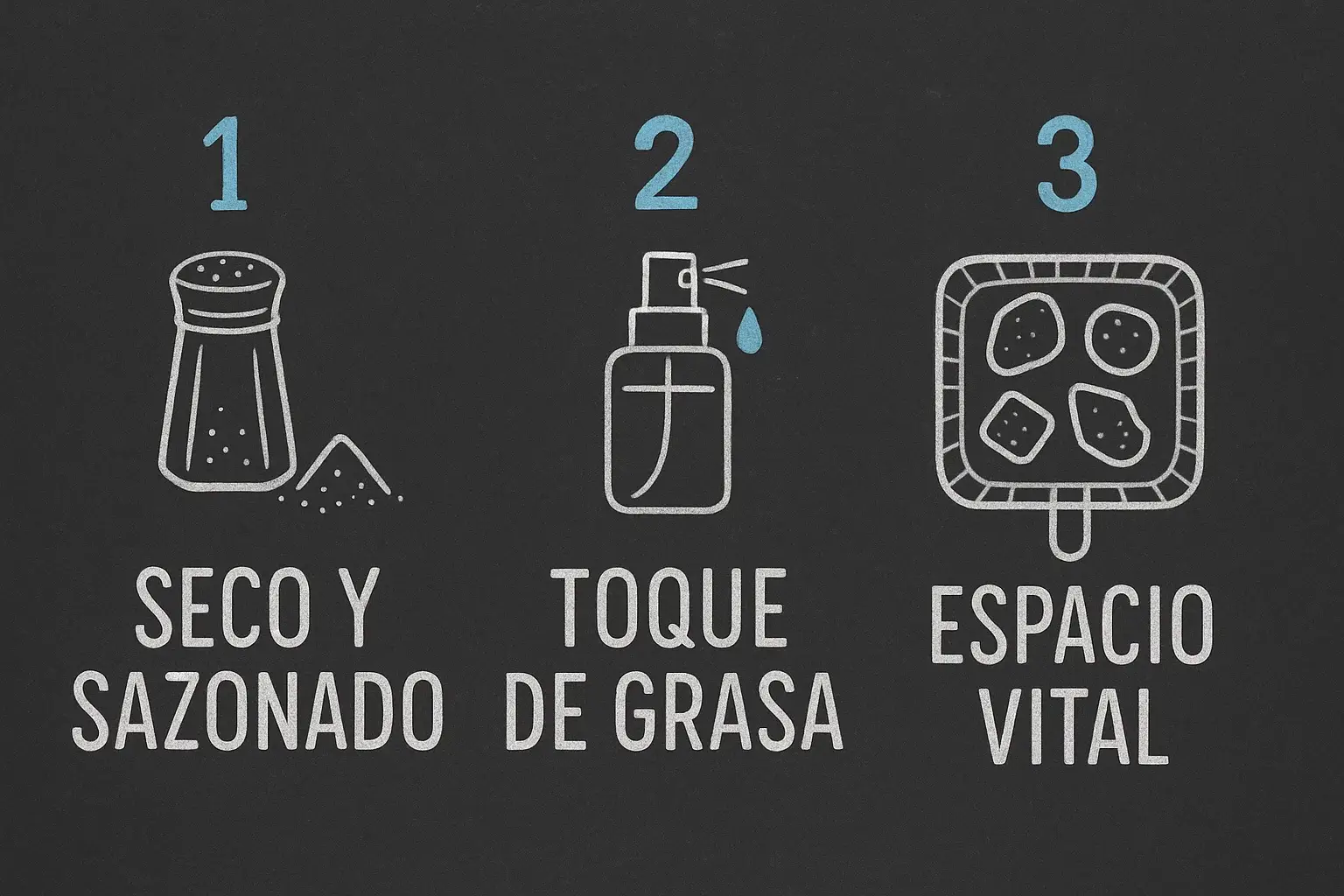 Infografía mostrando los tres pilares del crujiente: un salero para el sazonado en seco, un spray de aceite y una cesta de freidora de aire sin abarrotar.
