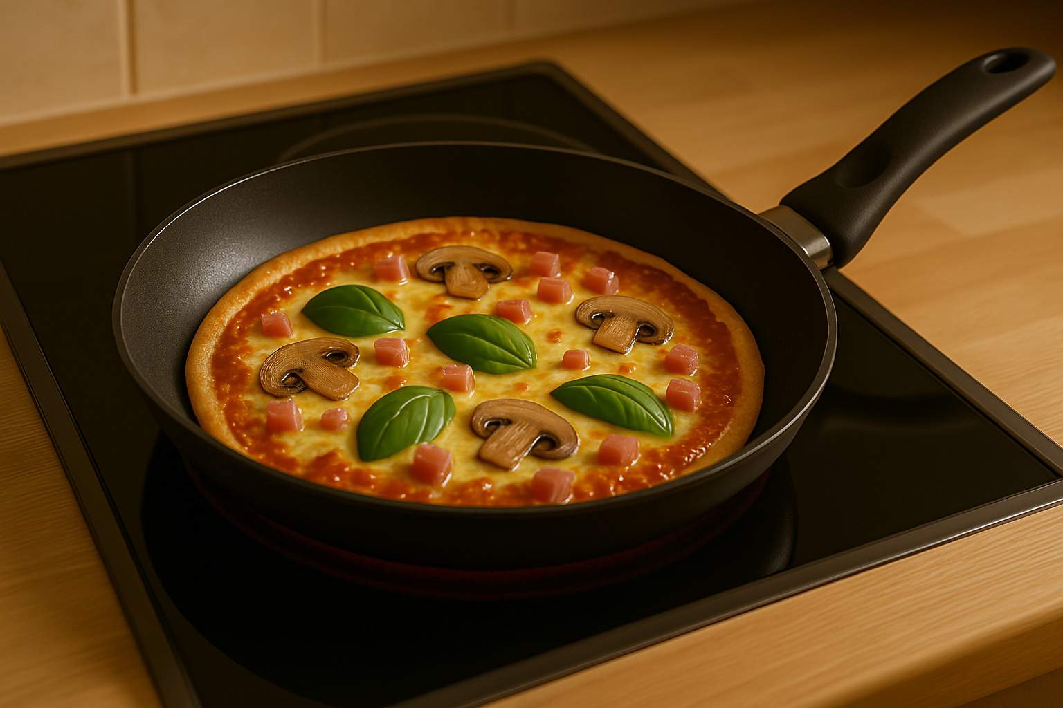 Una pizza perfectamente cocinada en una sartén, con la base crujiente y el queso fundido.