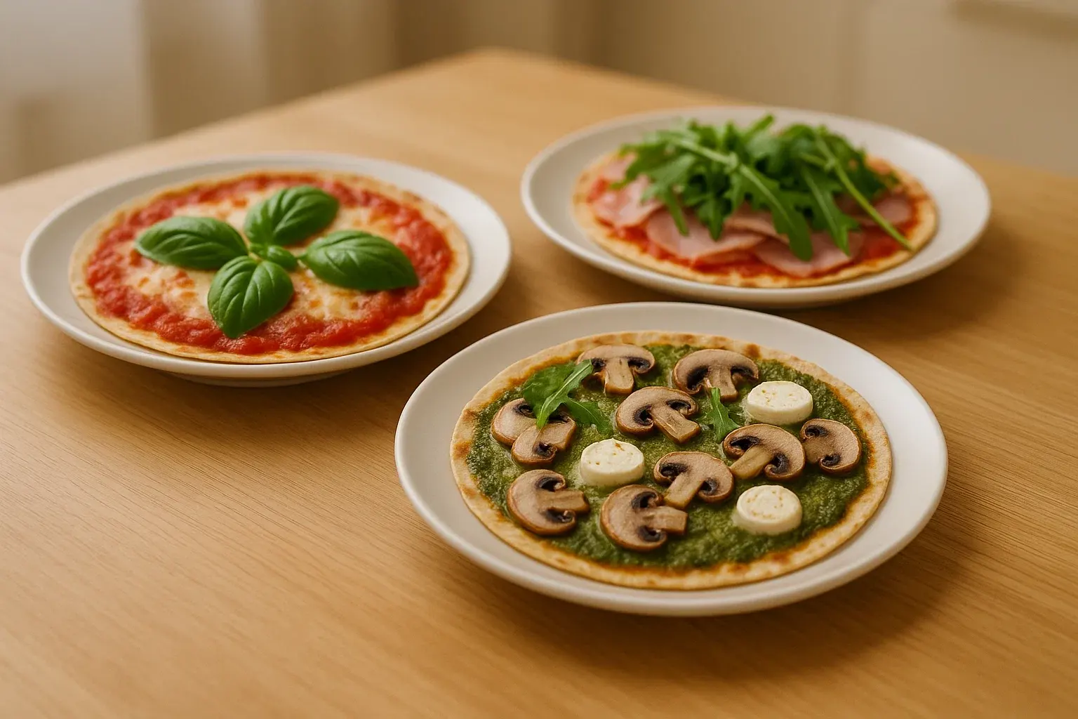 Composición de tres pizzas en sartén con diferentes toppings: una margarita, una con jamón y rúcula, y una vegetariana.
